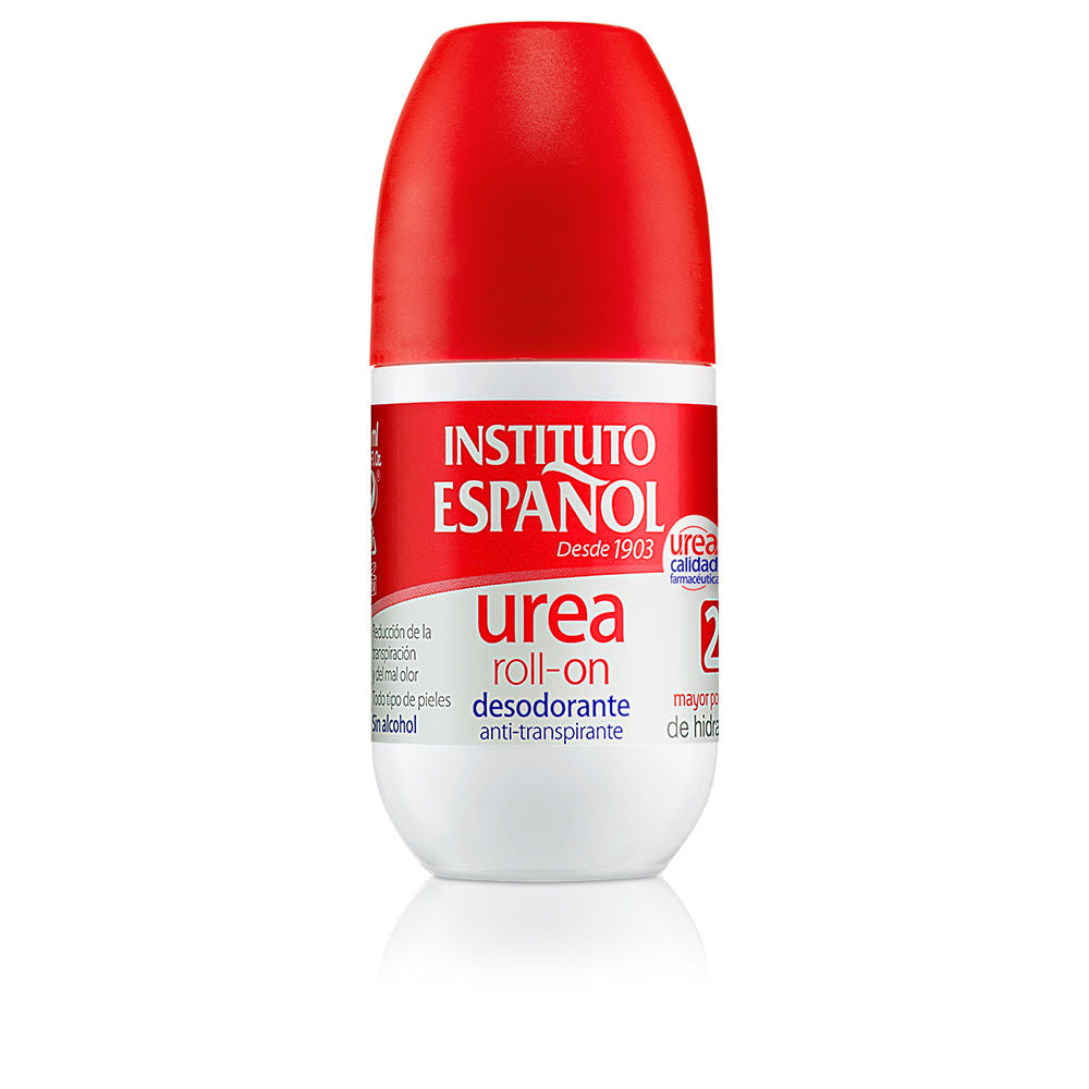 Small roll-on deodorant bottle labeled Instituto Español with hydrating urea formula