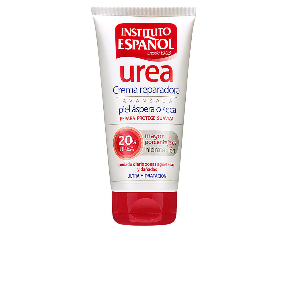 Instituto Español White and red plastic tube with flip-top cap, printed logos and 20% UREA percentage label