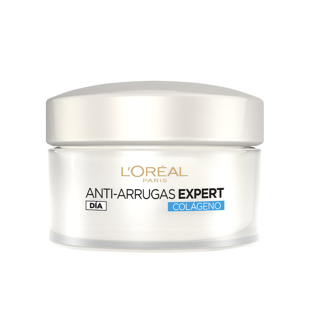 L'Oréal Paris Jar of collagen day cream on neutral backdrop, clean white jar and silver lid, soft shadowing