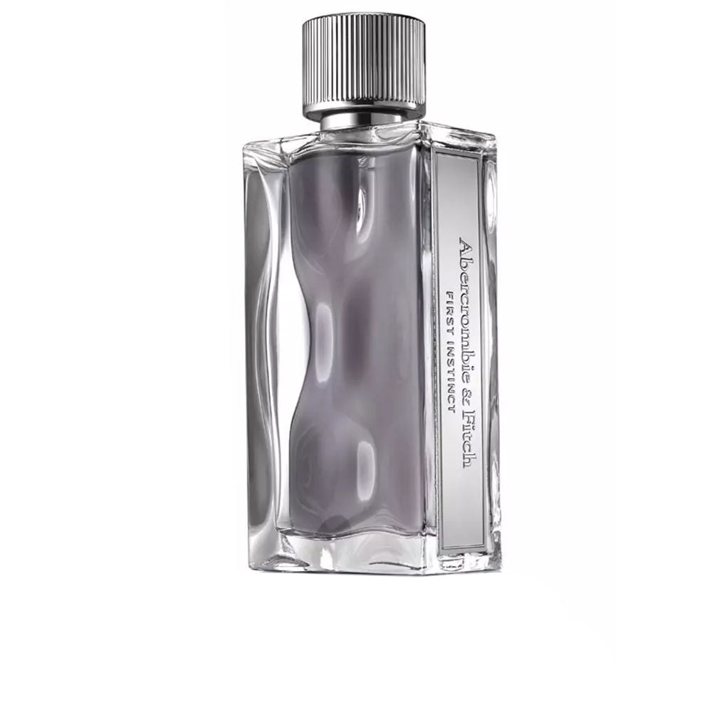 Abercrombie & Fitch Silver and transparent glass perfume bottle with ribbed metallic cap, rectangular shape and side label