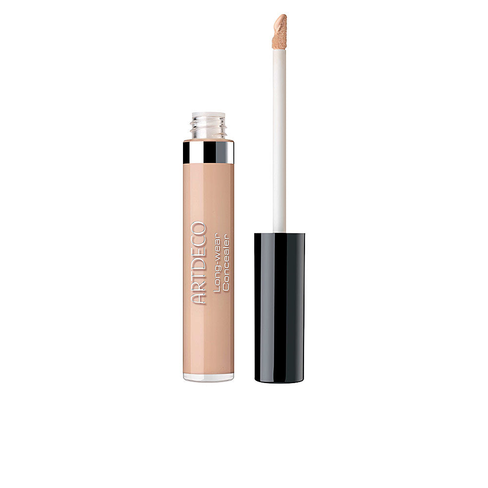 Artdeco long-wear concealer in transparent plastic tube with applicator wand, screw cap, modern sleek design