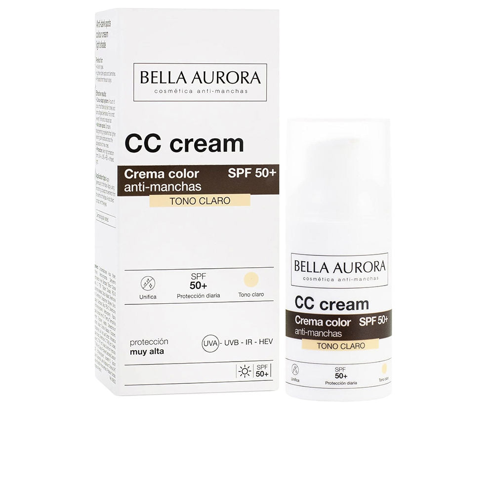 Tinted CC cream tube labelled Bella Aurora with SPF 50+ for anti‑dark spot correction