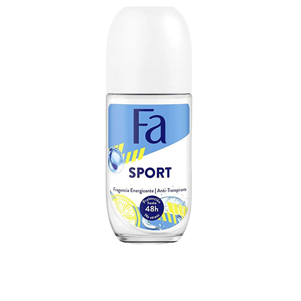 Fa Transparent plastic roll-on deodorant with blue and yellow label, white cap and visible logo