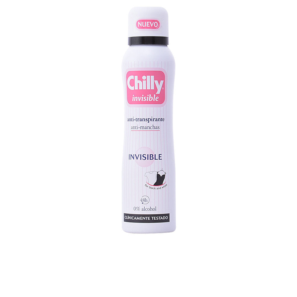 Chilly White plastic spray deodorant with pink rectangular label, black cap ring, clothing graphic, clear text