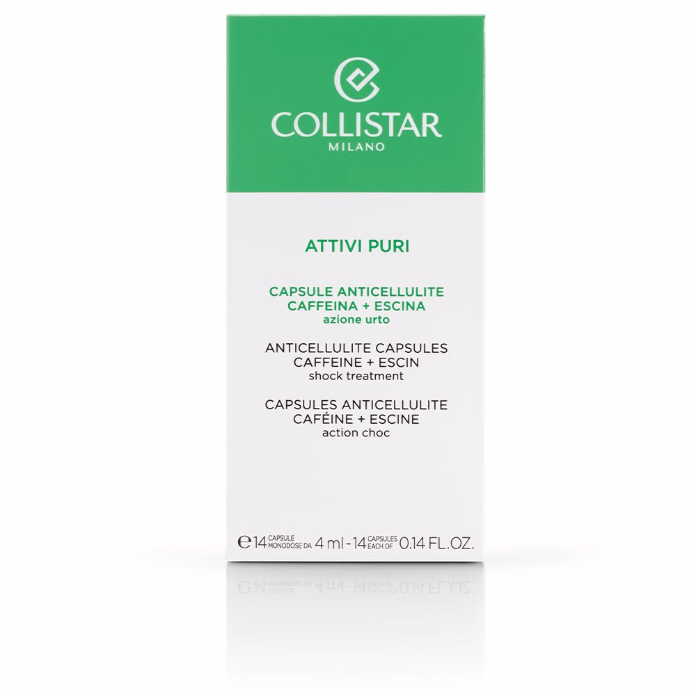 Collistar Transparent amber glass bottle with gold screw cap showing visible capsules and printed front logo