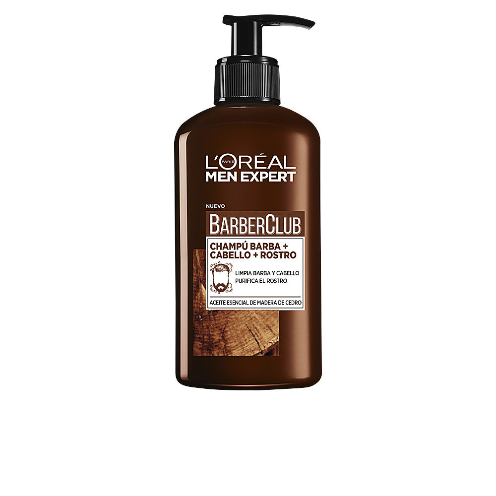 Brown plastic three-in-one shampoo bottle with pump, rectangular label, wood texture image, L'Oréal Paris