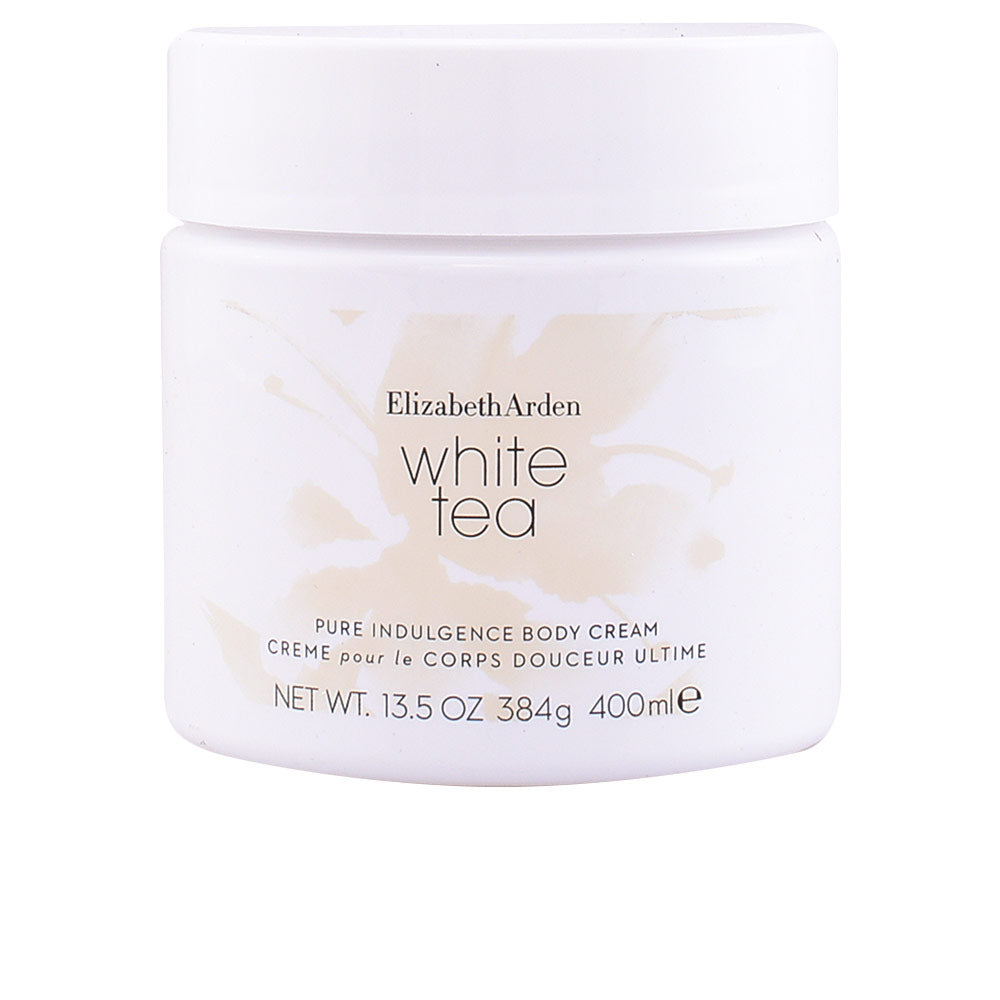 Elizabeth Arden Round white plastic body cream container with screw-on lid, printed text and subtle floral graphic