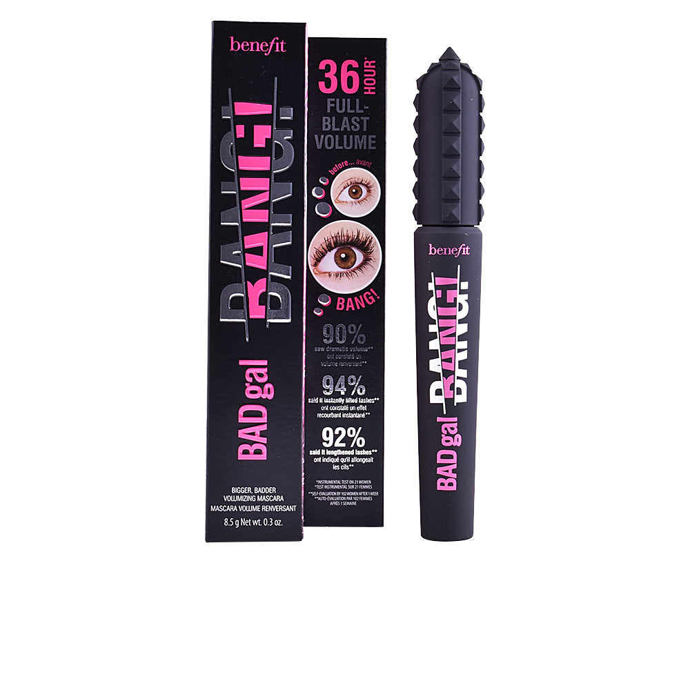 Benefit Black plastic mascara tube with matte finish, spiked cap and bold pink-white typography, compact box included