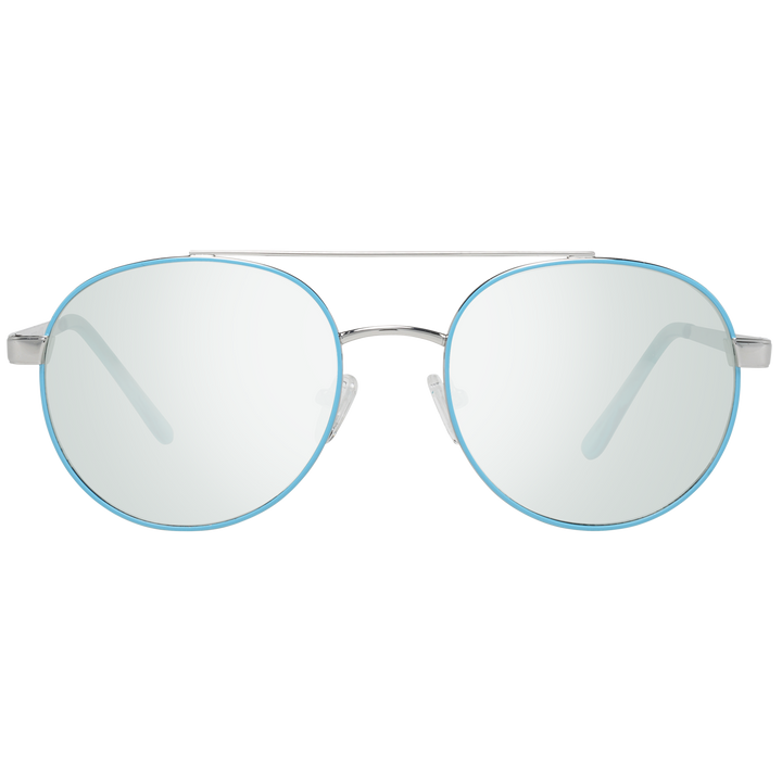 Unisex silver metal aviator eyeglasses with light-blue round lenses and double bridge on white background