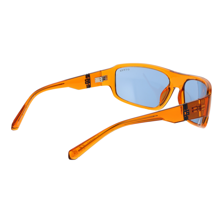 Transparent orange plastic sport sunglasses with rectangular blue lenses and visible logo on lens and temples