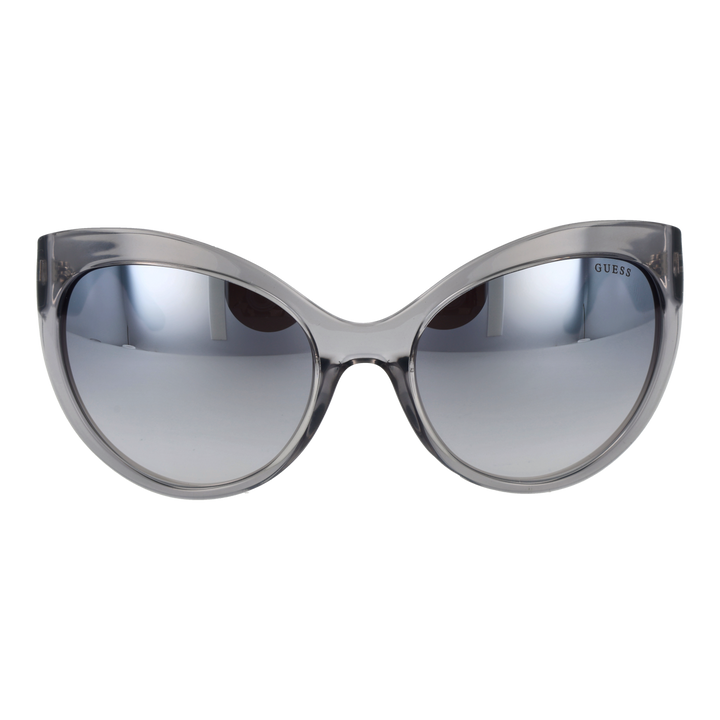 Gray cat-eye sunglasses on neutral background showing embossed temples and gradient lenses