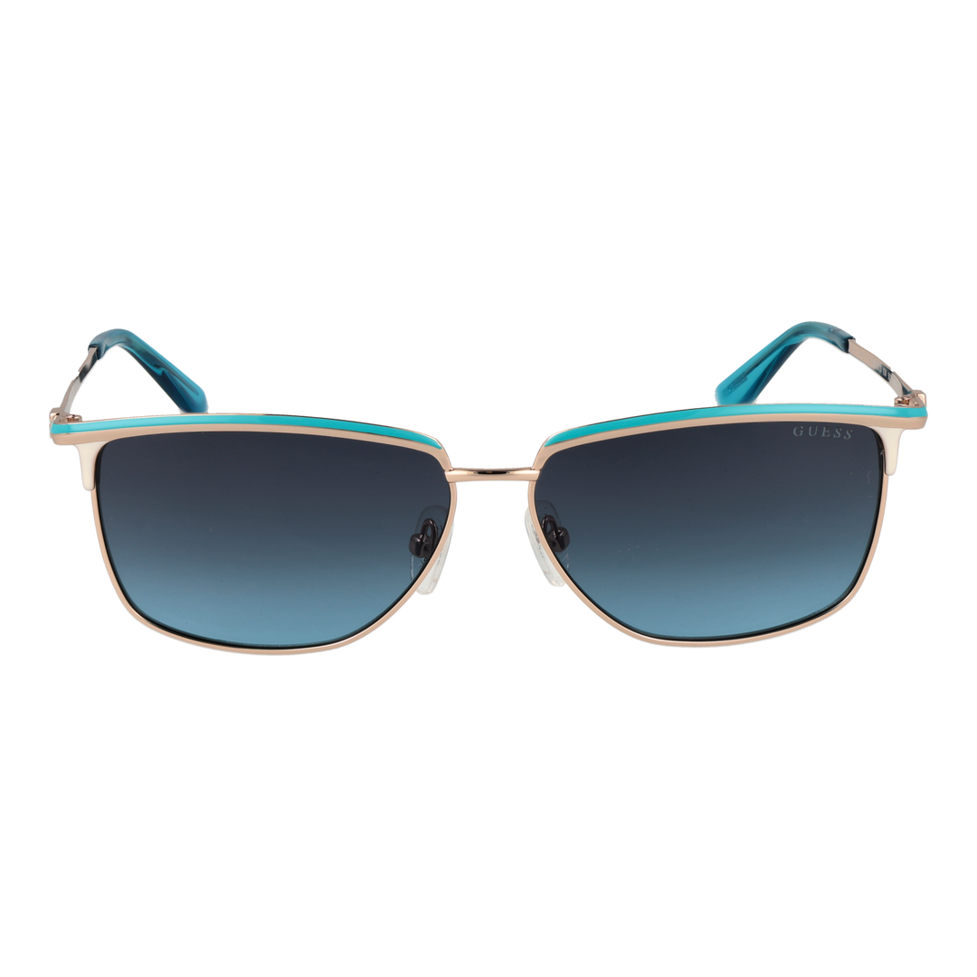 Gold metal aviator sunglasses with gradient lenses and blue temple tips shown front-on