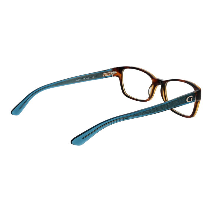 Brown and blue plastic rectangular eyeglasses with patterned temples and metallic G logo, front three-quarter view