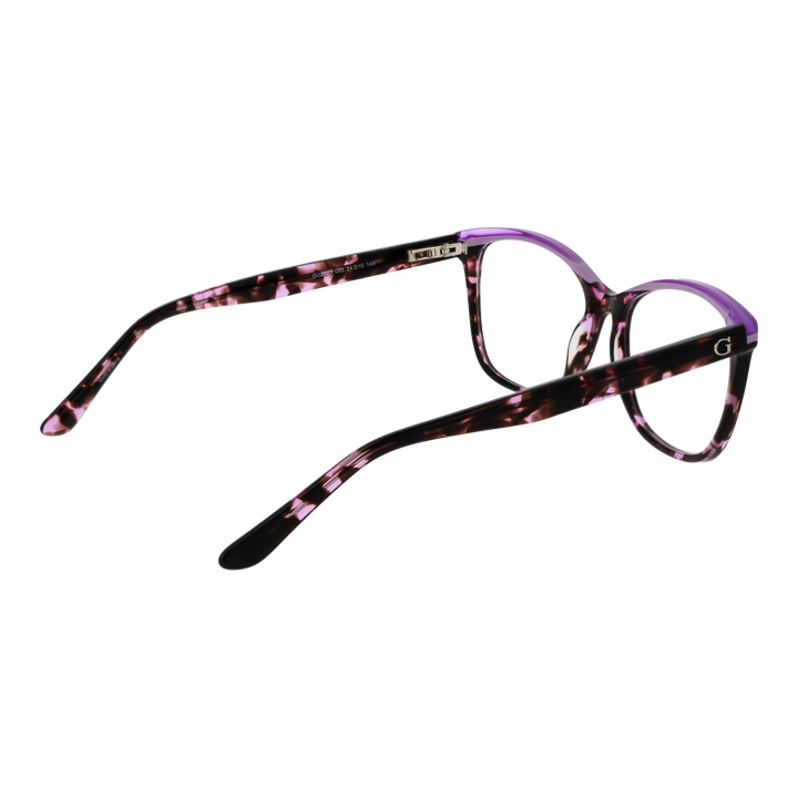 Purple, black and pink tortoiseshell cat-eye eyeglasses with metallic G logo on temple, angled three-quarter view