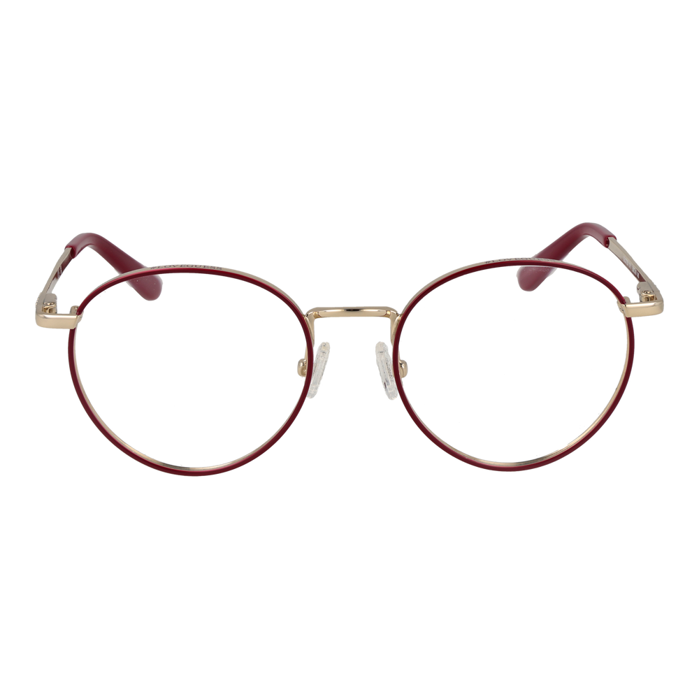 Unisex round eyeglasses in gold metal with red accents, thin frame, adjustable nose pads, and temple tips
