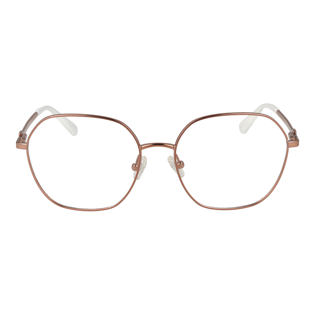 Rose gold hexagonal metal eyeglasses with clear nose pads on white background