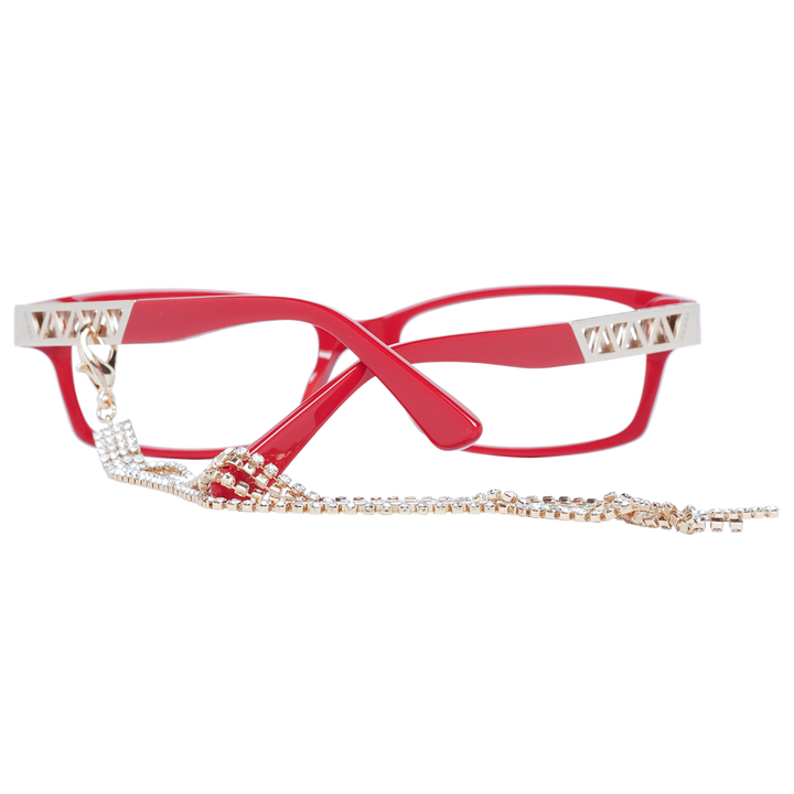 Red full-rim rectangular eyeglasses with gold-tone temple accents and attached rhinestone chain for Women