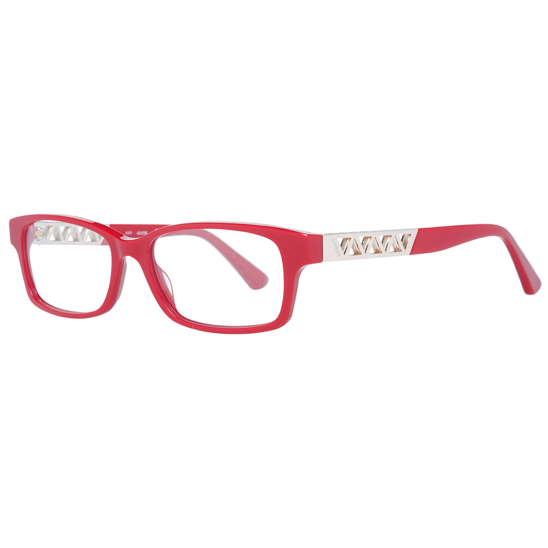 Red full-rim rectangular eyeglasses with gold-tone temple accents and attached rhinestone chain for Women
