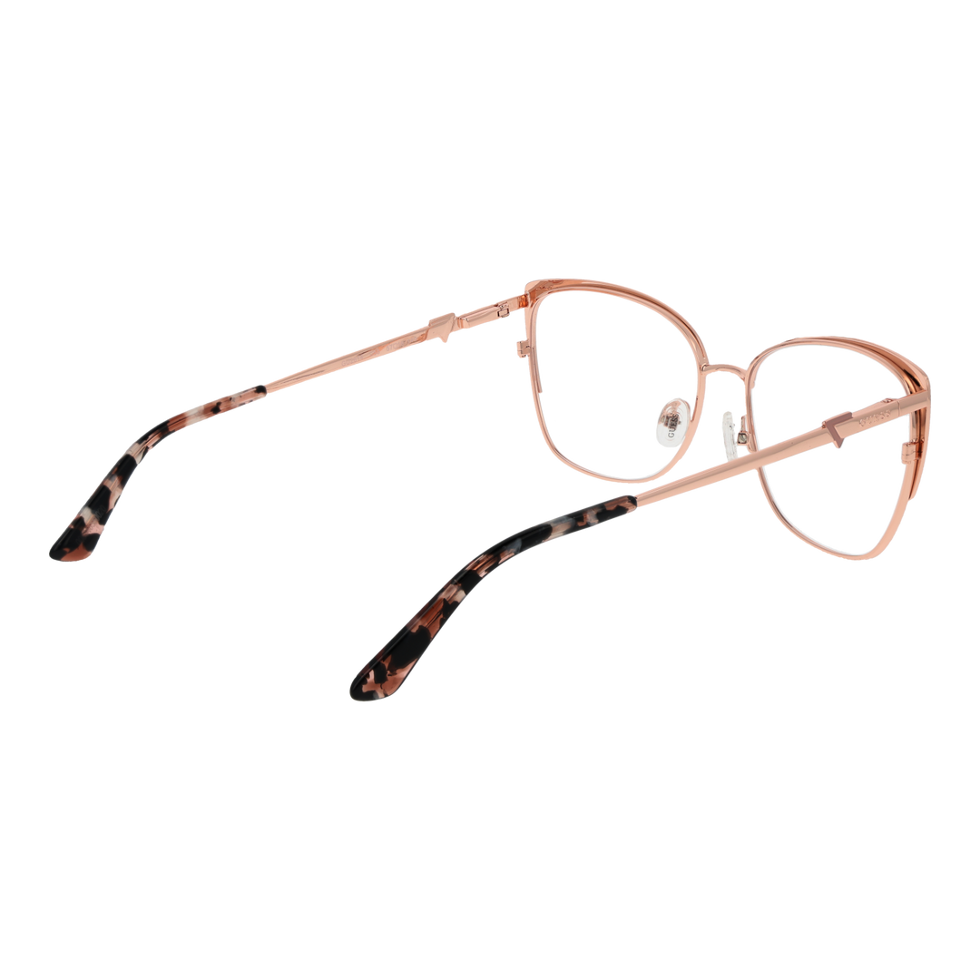 Rose gold metal rectangular eyeglasses with tortoiseshell temple accents on white background, front three-quarter view