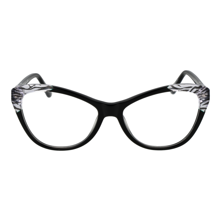 Black and transparent cat-eye eyeglasses with zebra print accents on upper frame for Women, plastic construction