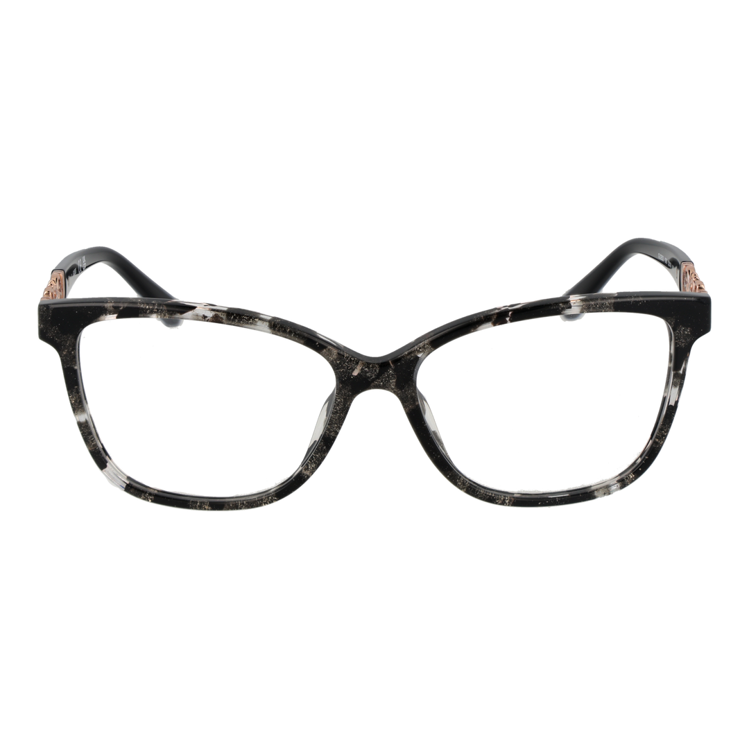 Black speckled cat-eye eyeglasses with rose-gold floral temple accents on white background
