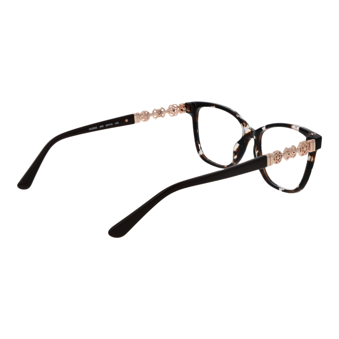 Tortoise shell square eyeglasses with black-brown pattern and rose-gold floral accents on temples