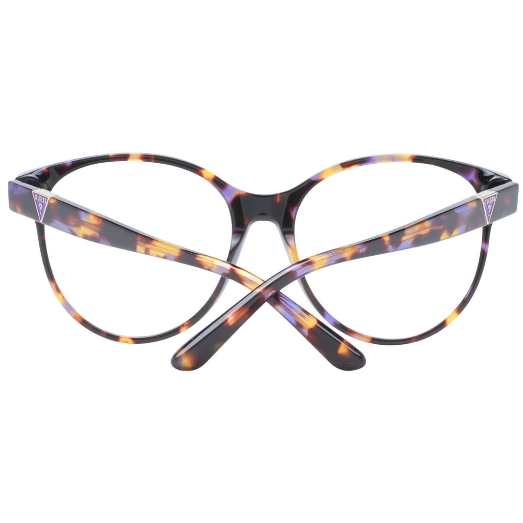 Tortoiseshell round eyeglasses in brown, yellow, and purple tones with full-rim plastic frame and logo temple