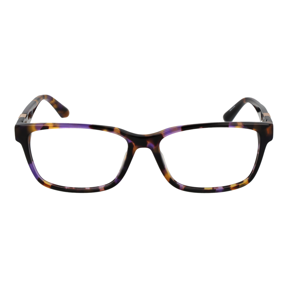 Tortoise shell rectangular eyeglasses for Women with purple and yellow accents and logo temple