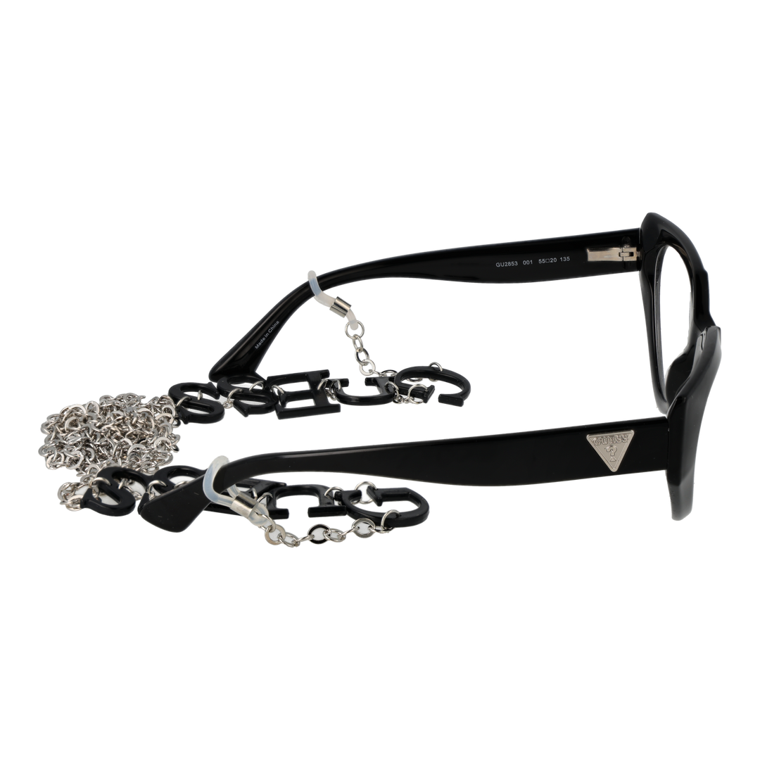 Black cat-eye eyeglasses with plastic frame and metal lettered chain draped against neutral background