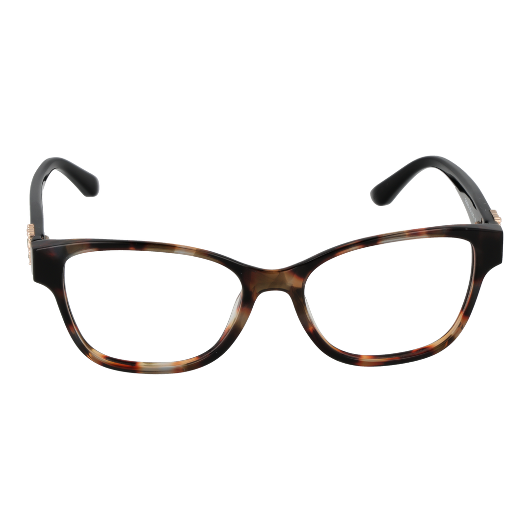 Tortoiseshell rectangular eyeglasses with black temples and metal emblem, modern fashionable Women’s frame.