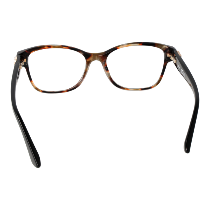 Tortoiseshell rectangular eyeglasses with black temples and metal emblem, modern fashionable Women’s frame.
