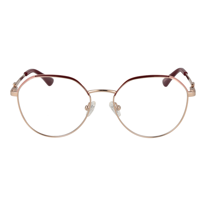 Rose gold thin metal round eyeglasses with burgundy plastic temple tips on white background