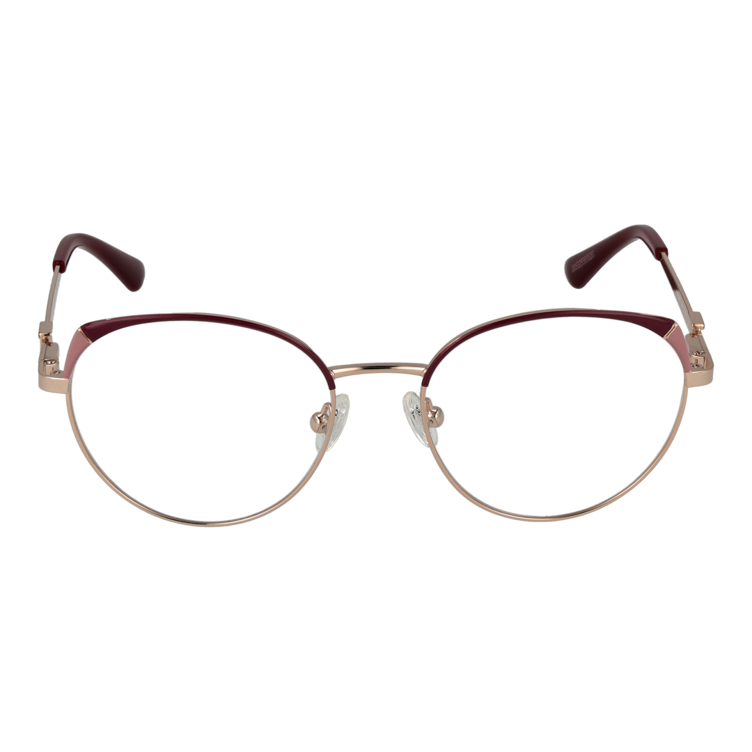 Gold thin metal round eyeglasses with burgundy temple tips and decorative hinge detail, front view