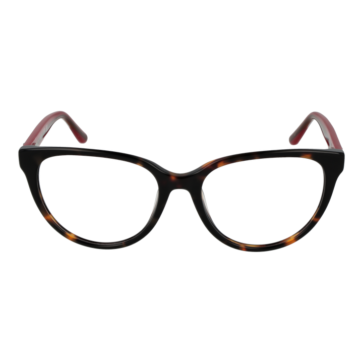 Tortoiseshell cat-eye eyeglasses for Women with red arms and logo emblem on arm, front three-quarter view