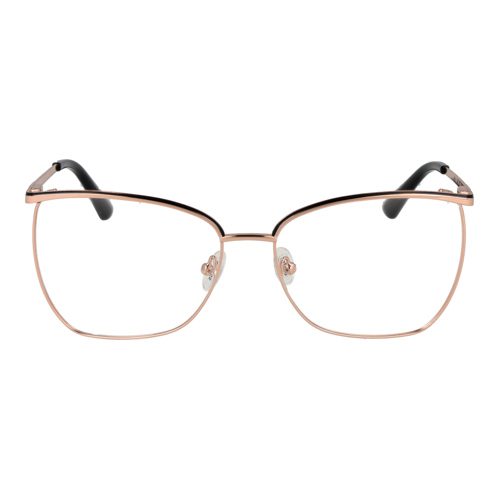 Rose gold metal rectangular eyeglasses with thin black temples and adjustable nose pads on white background