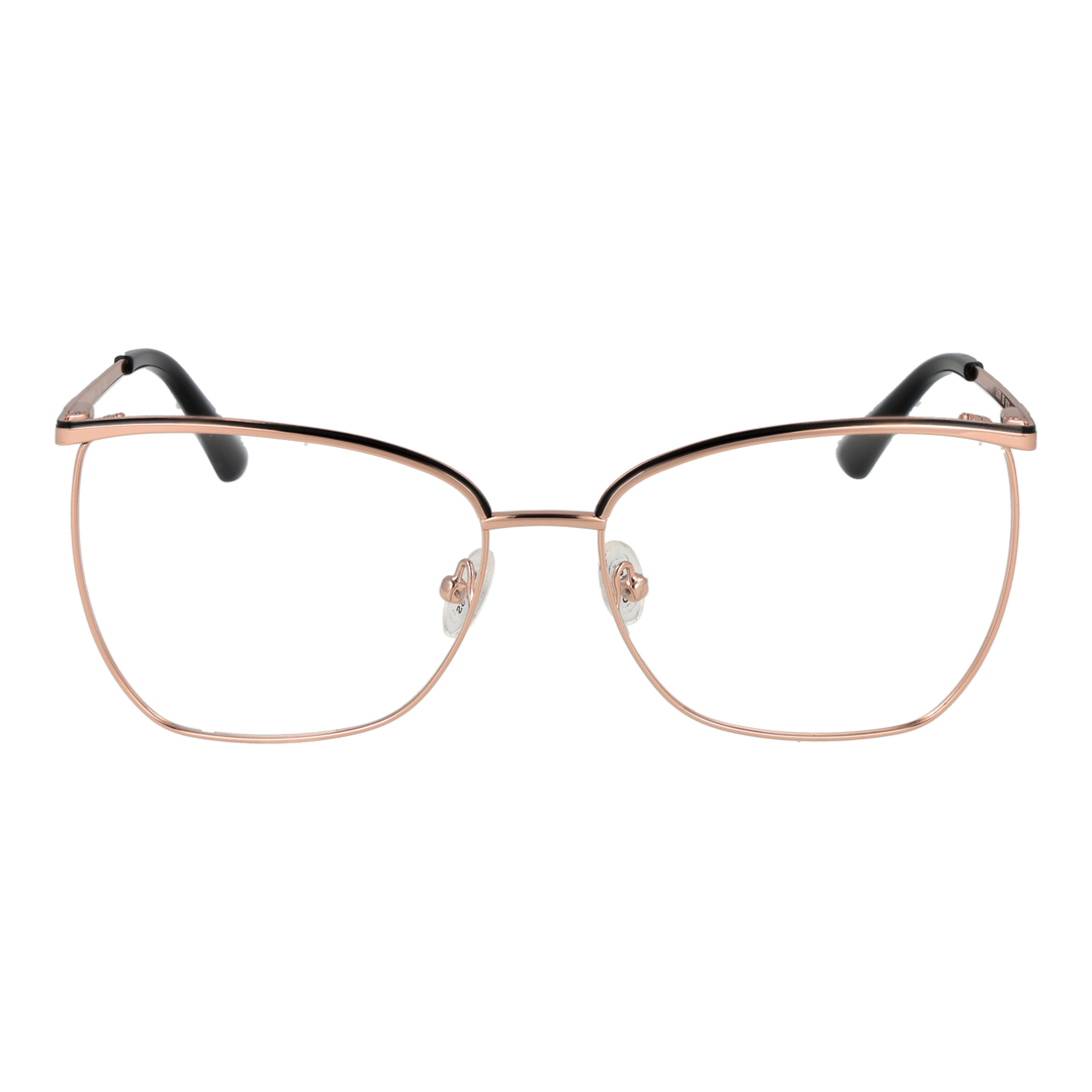 Rose gold metal rectangular eyeglasses with thin black temples and adjustable nose pads on white background