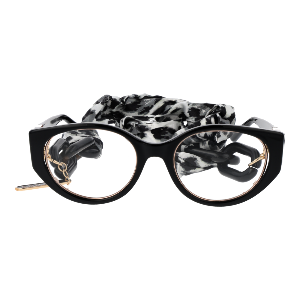 Black and gold cat-eye eyeglasses with thin metal temples and patterned fabric strap laid on white background