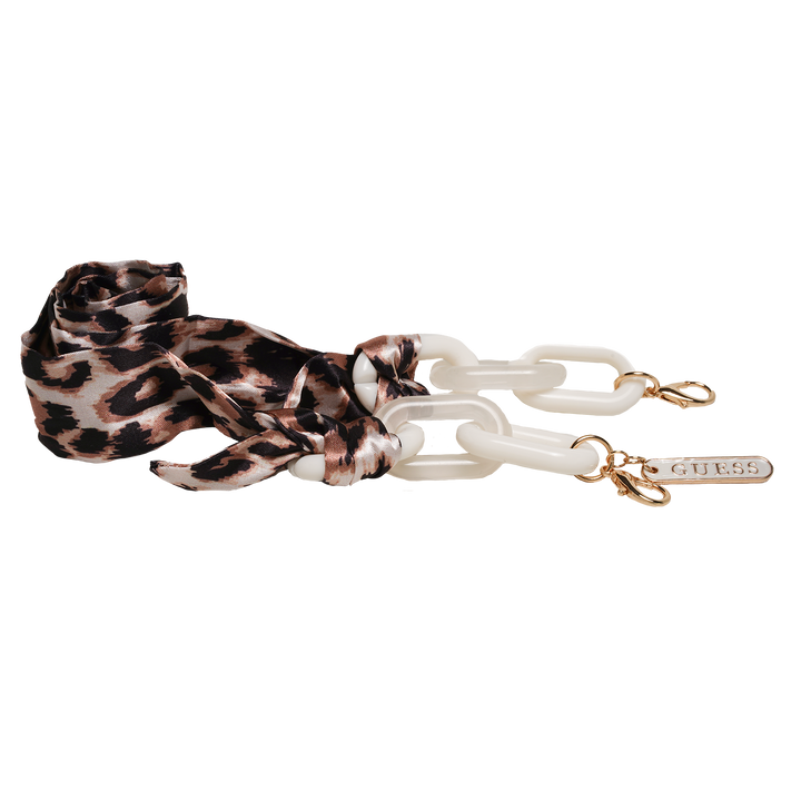 Tortoise cat-eye eyeglasses with gold temple accents and detachable leopard-print scarf on white background