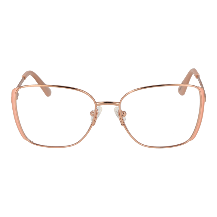 Rose gold metal eyeglasses for Women with thin square lenses and adjustable nose pads on white background