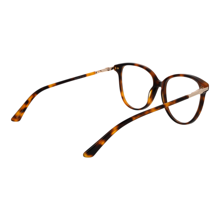 Tortoise brown cat-eye full-rim eyeglasses in plastic with gold hinge detail, front three-quarter view