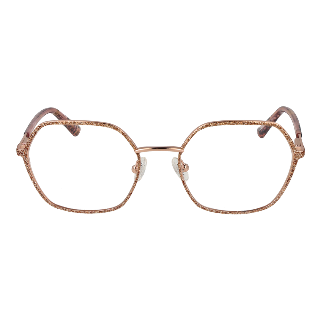 Rose gold geometric eyeglasses with glittery metal front and leopard-print plastic temples for Women