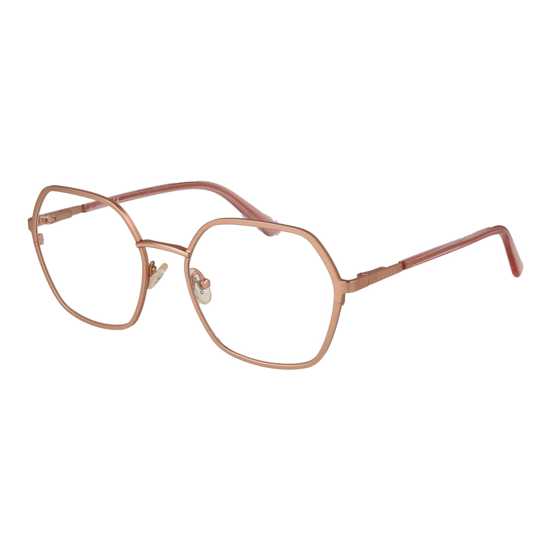 Rose-gold thin metal hexagonal eyeglasses with clear nose pads against neutral background