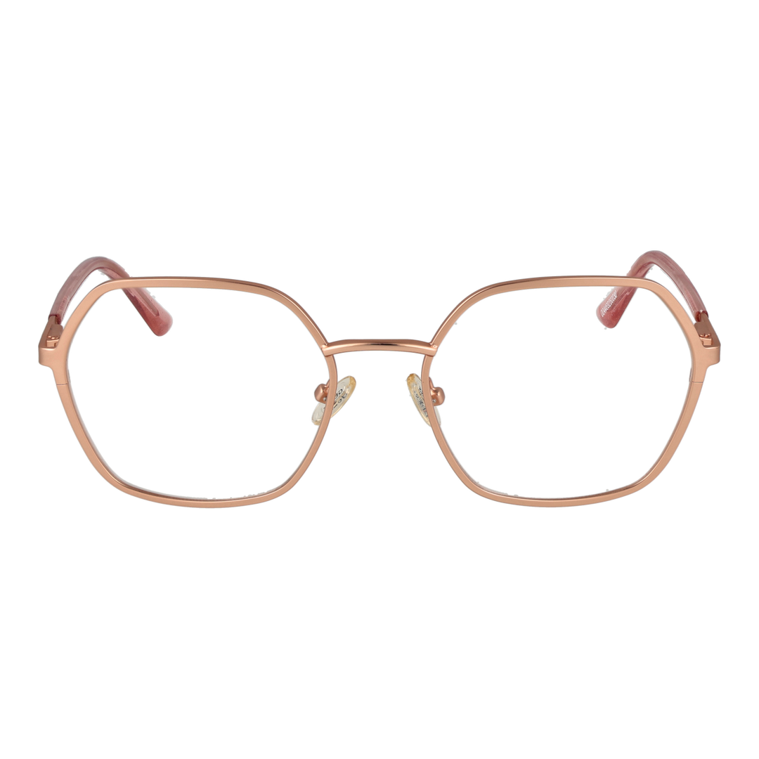 Rose-gold thin metal hexagonal eyeglasses with clear nose pads against neutral background