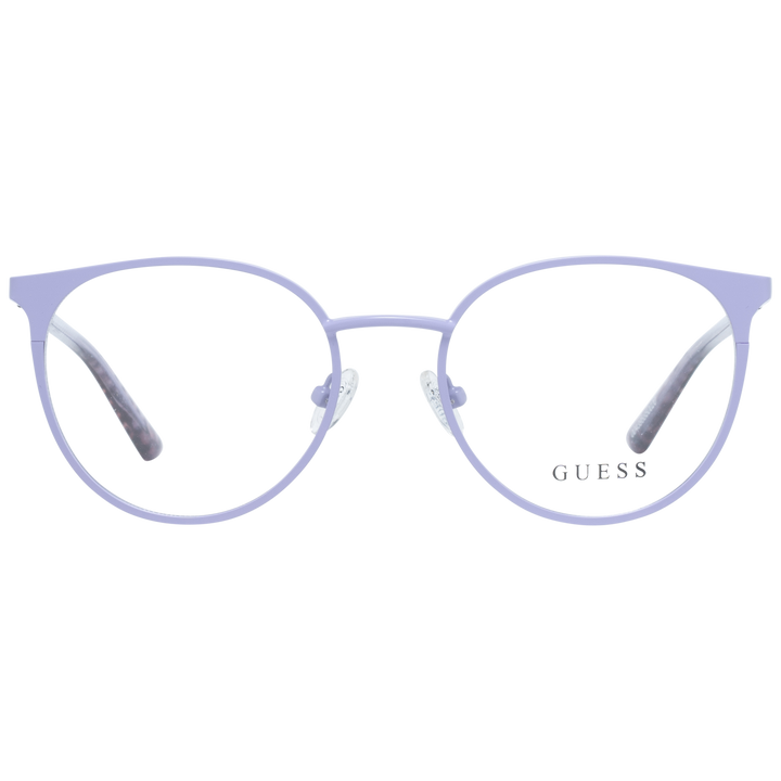 Light purple metal round eyeglasses with thin frame and patterned temple tips on neutral background