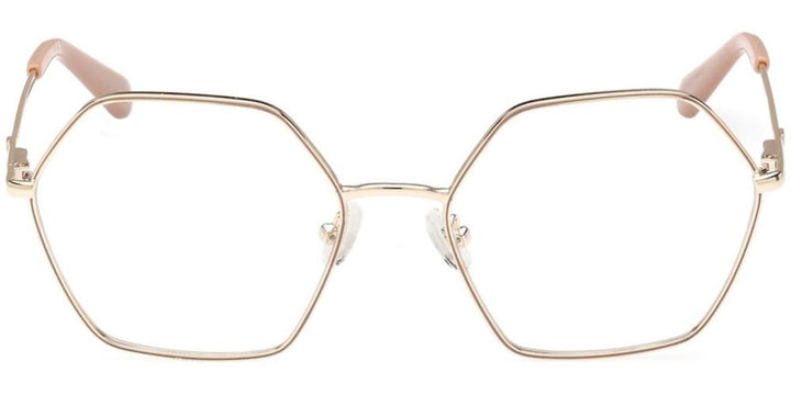 Gold hexagonal eyeglasses for Women with thin metal frame and beige plastic temples, front three-quarter view