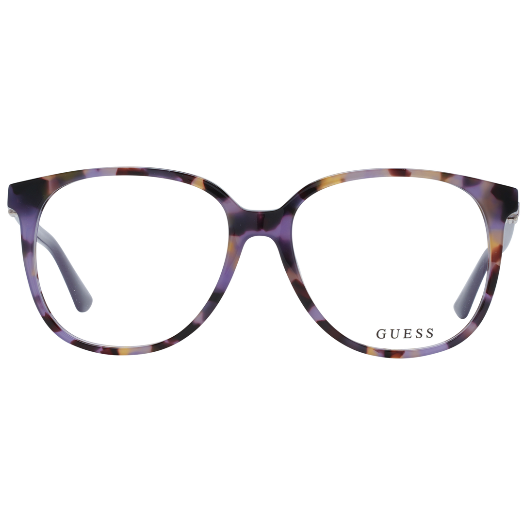 Purple tortoiseshell round eyeglasses in plastic with metal logo on temple, front three-quarter view