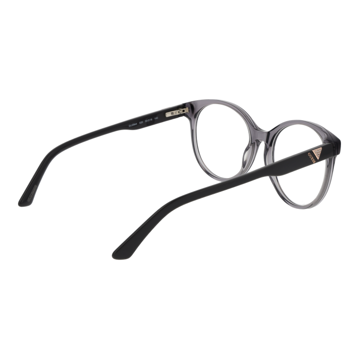 Black and transparent gray plastic round eyeglasses with logo on temples, modern women&