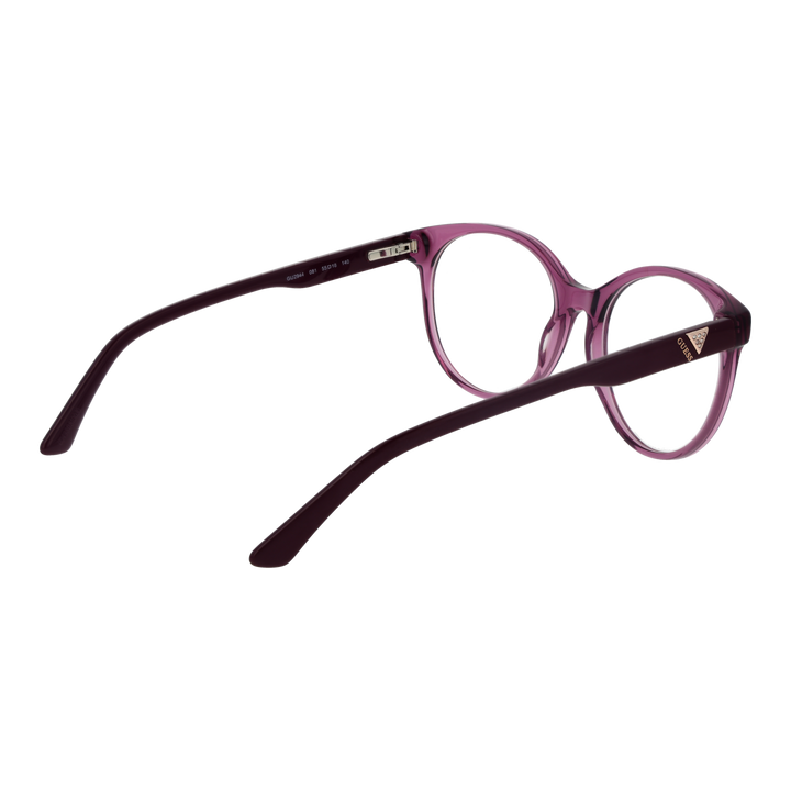 Transparent purple round eyeglasses in plastic with logo temples on clean white background