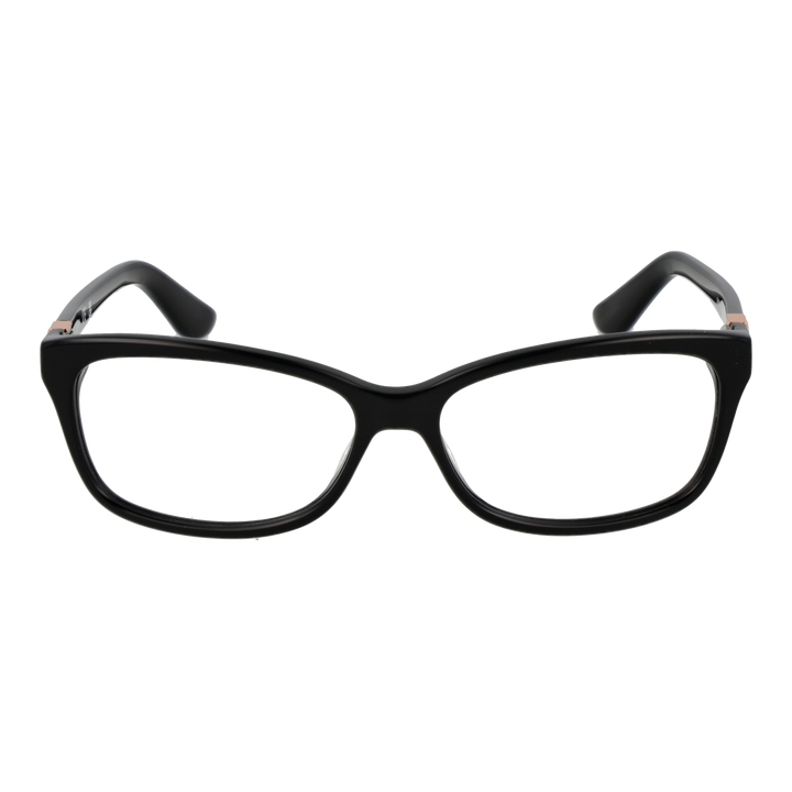 Black rectangular full-rim eyeglasses for Women with rose-gold temple accents, modern streamlined silhouette