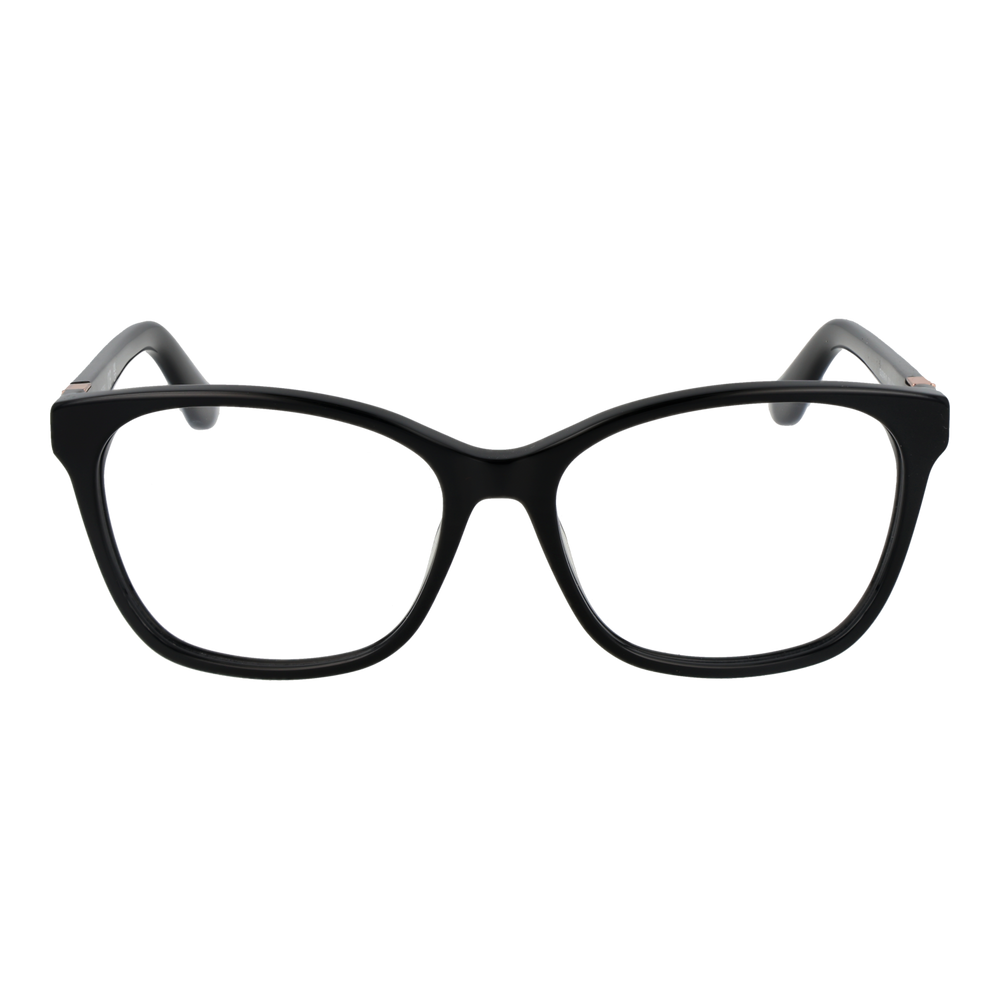 Black full-rim rectangular eyeglasses with rose-gold temple accents on a neutral background for Women
